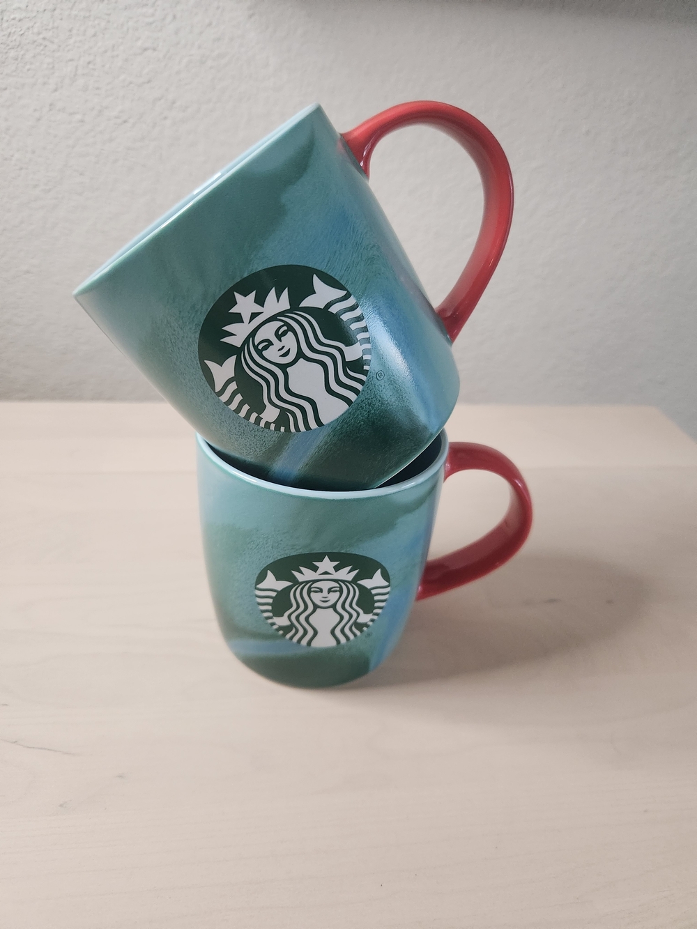 Starbucks Green Ombre Ceramic Mug with Red Handle - Set of 2